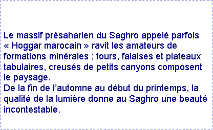 Zone de Texte: Le massif prsaharien du Saghro appel parfois  Hoggar marocain  ravit les amateurs de formations minrales ; tours, falaises et plateaux tabulaires, creuss de petits canyons composent le paysage. De la fin de lautomne au dbut du printemps, la qualit de la lumire donne au Saghro une beaut incontestable.