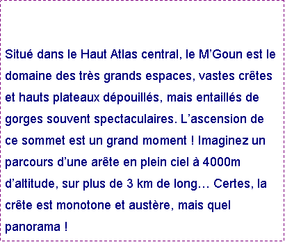 Zone de Texte: Situ dans le Haut Atlas central, le MGoun est le domaine des trs grands espaces, vastes crtes et hauts plateaux dpouills, mais entaills de gorges souvent spectaculaires. Lascension de ce sommet est un grand moment ! Imaginez un parcours dune arte en plein ciel  4000m daltitude, sur plus de 3 km de long Certes, la crte est monotone et austre, mais quel panorama !