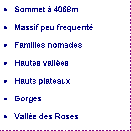 Zone de Texte: Sommet  4068mMassif peu frquent Familles nomadesHautes vallesHauts plateauxGorgesValle des Roses